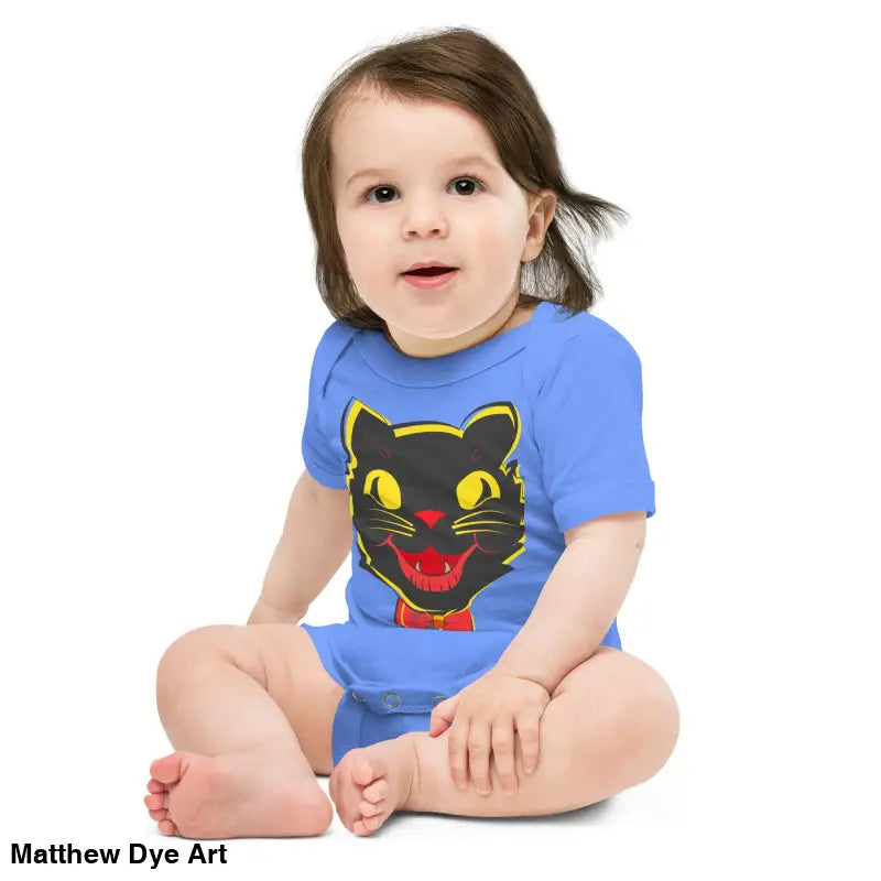 Baby in blue cat onesie from Little Pumpkin featuring a vintage black cat design