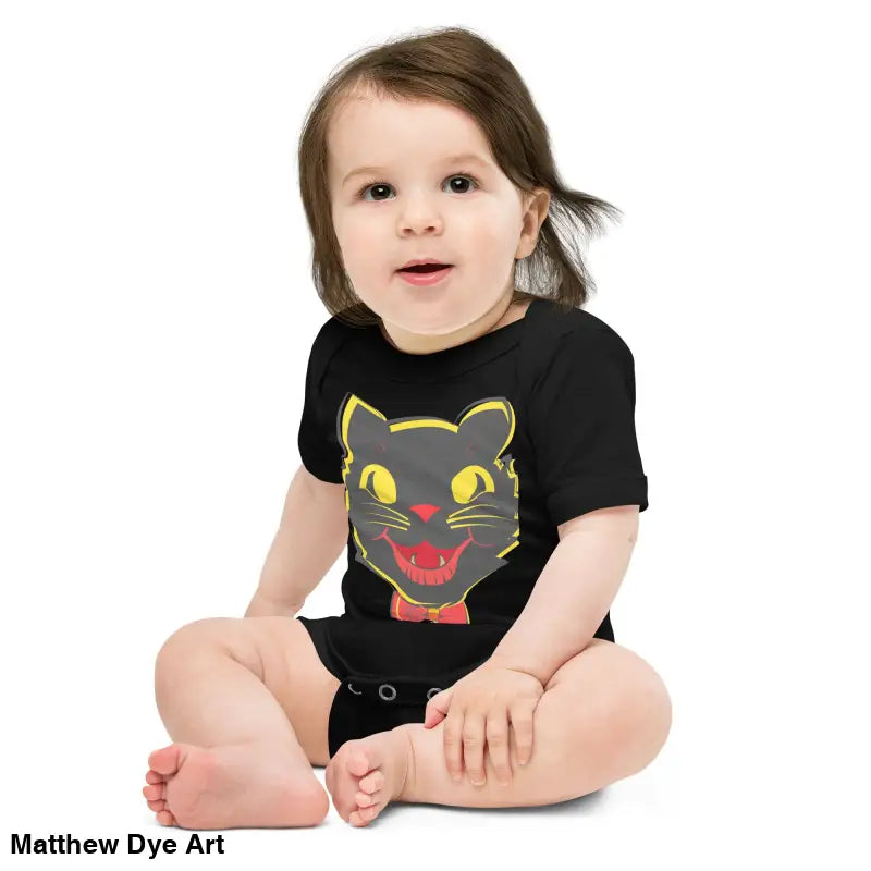 Baby in vintage black cat onesie featured in Little Pumpkin Cat Baby One-Piece
