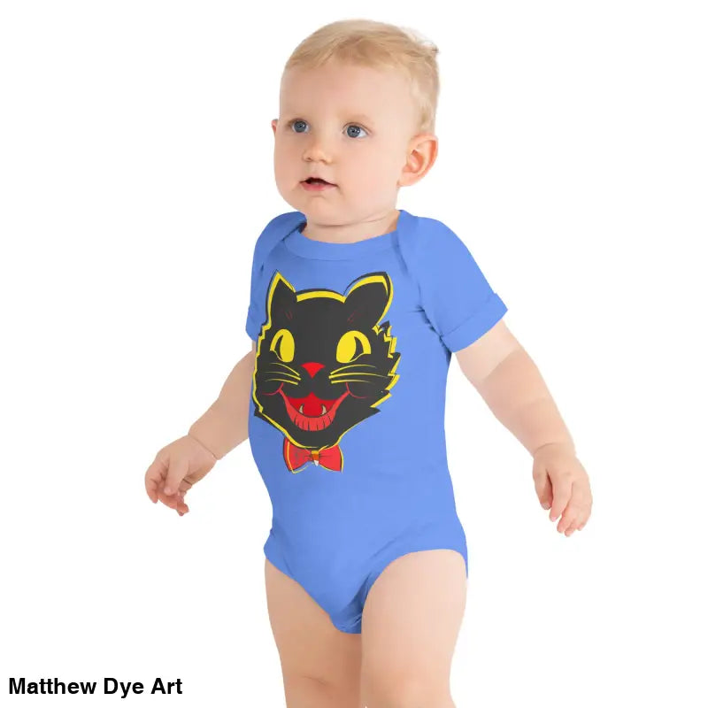 Baby in blue cat onesie from Little Pumpkin vintage black cat baby one-piece collection