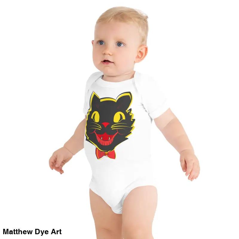 Babyβs white bodysuit featuring a vintage black cat graphic in a cat baby one-piece