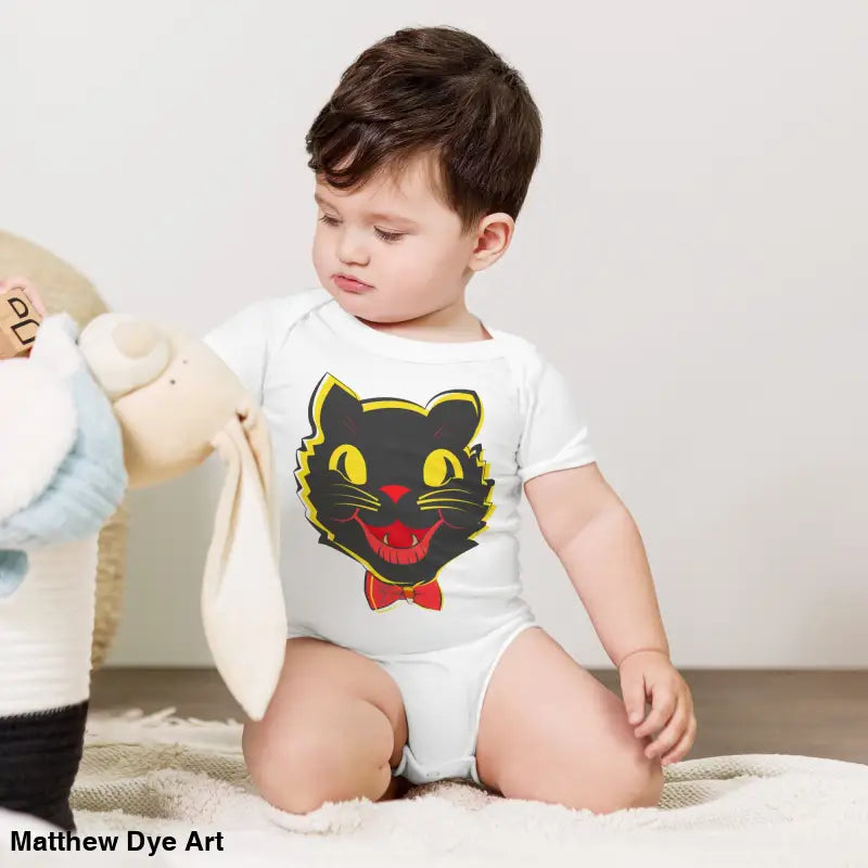 Babyβs white bodysuit featuring a vintage black cat graphic for Halloween celebrations