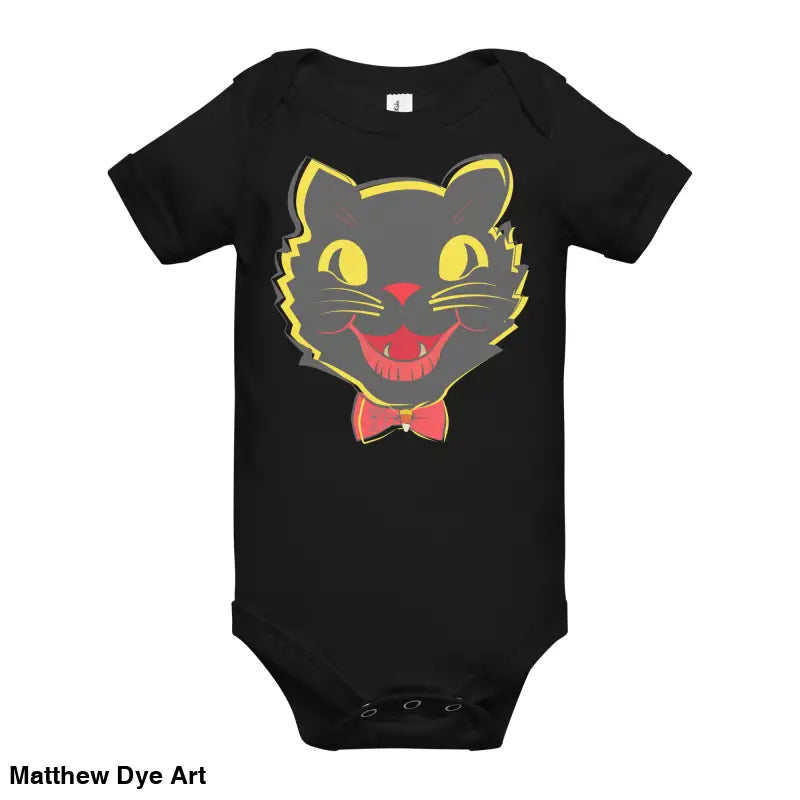 Black baby onesie featuring a vintage black cat graphic for Halloween festivities