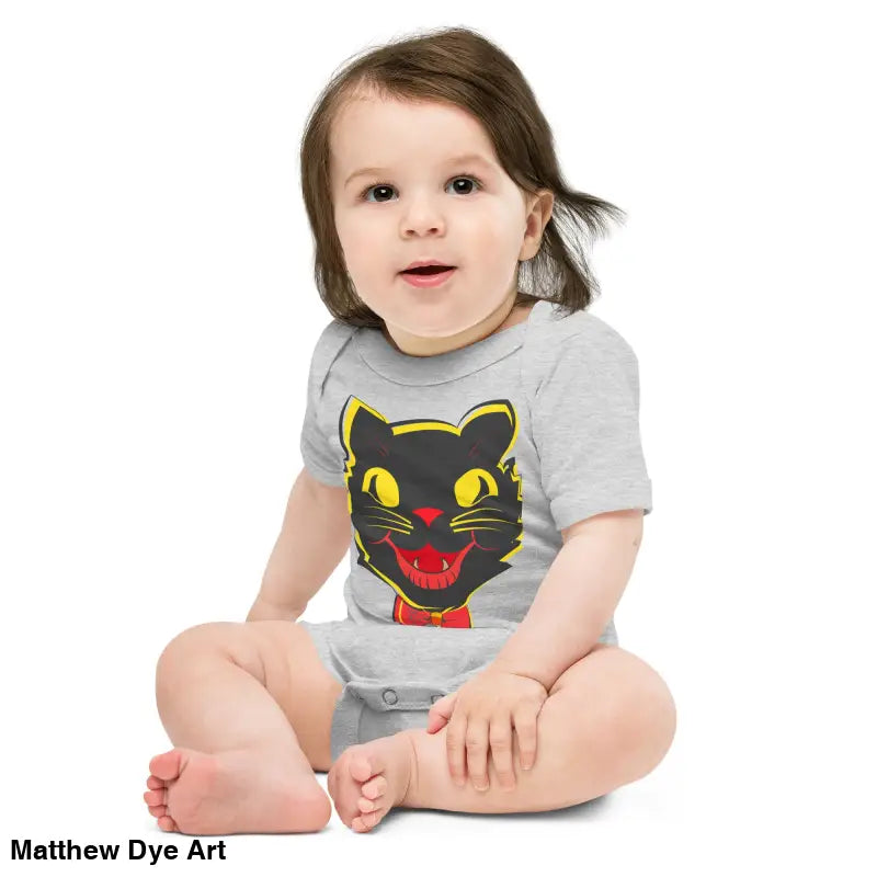 Baby in gray onesie featuring vintage black cat graphic from Cat Baby One-Piece