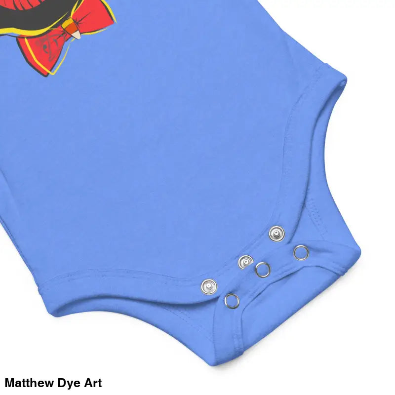 Blue baby onesie featuring a vintage black cat design for Halloween festivities