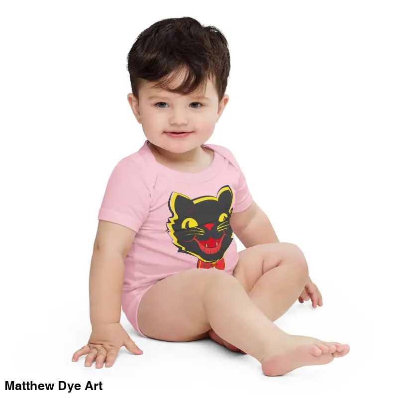 Baby in pink bodysuit featuring vintage black cat graphic from Cat Baby One-Piece