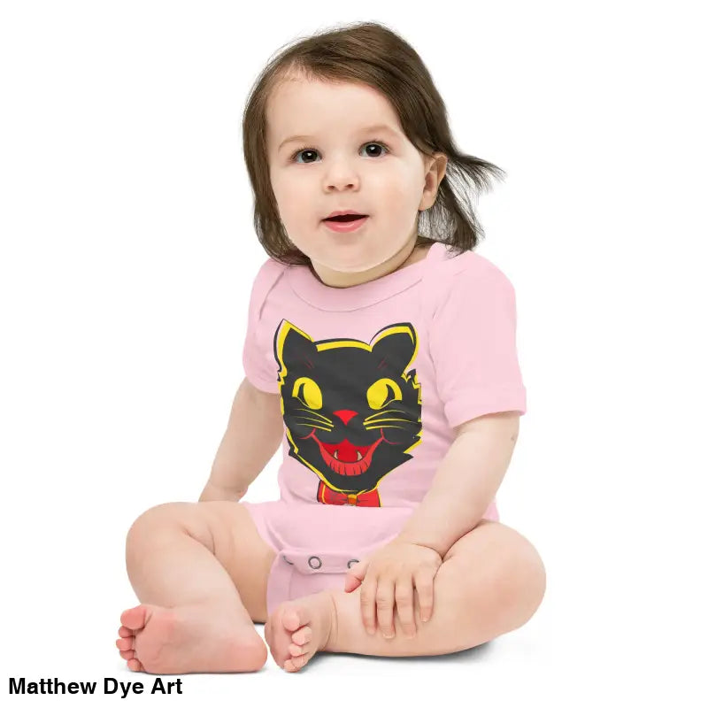 Baby in pink cat onesie from Little Pumpkin featuring a vintage black cat design
