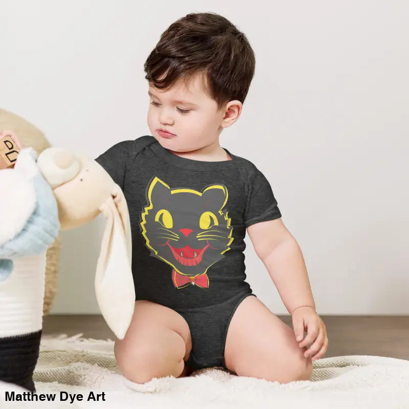 Black cat baby onesie from Little Pumpkin, featuring a vintage black cat design
