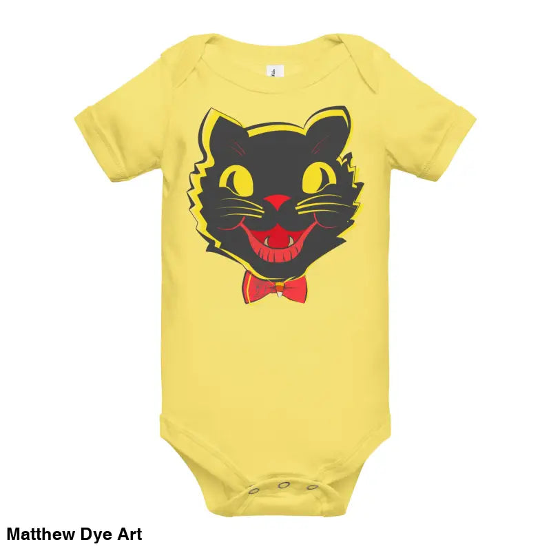 Yellow baby onesie featuring a vintage black cat graphic for Halloween celebrations