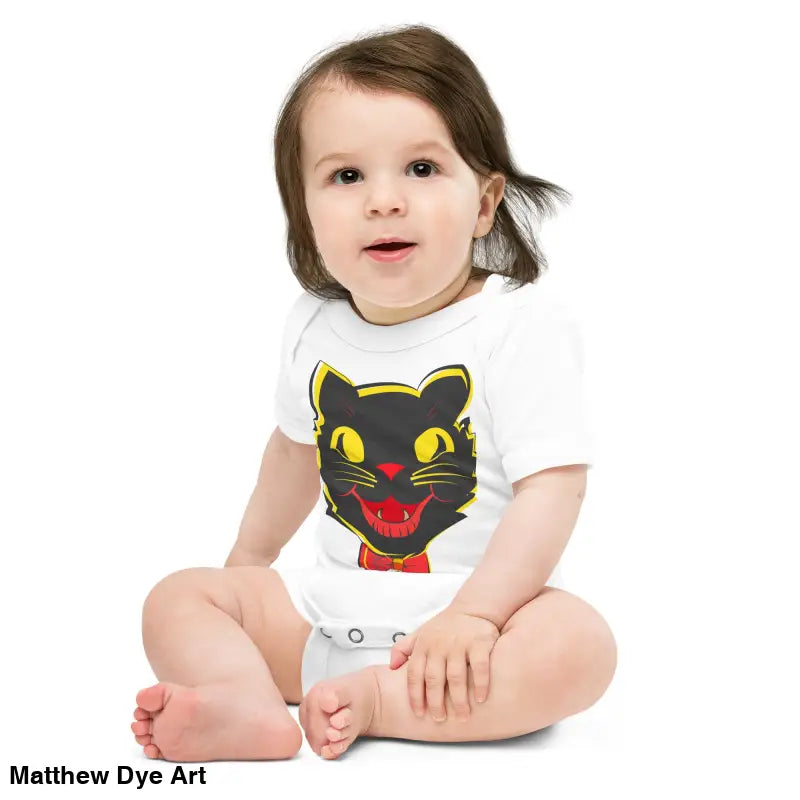 Baby in a black cat onesie from Little Pumpkin vintage black cat baby one-piece