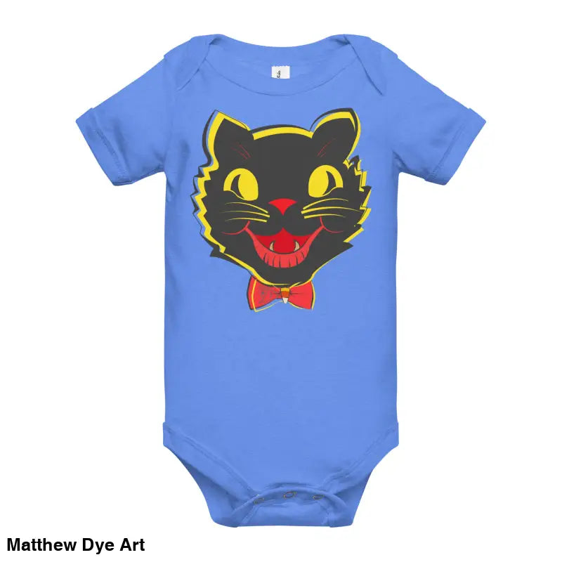 Blue baby onesie featuring vintage black cat graphic from Little Pumpkin collection