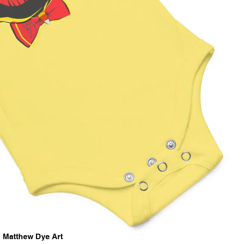 Yellow baby onesie with snaps featuring a vintage black cat design for Halloween