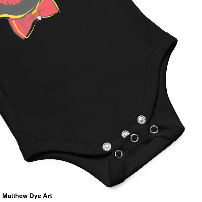 Black baby onesie with snaps featuring a vintage black cat design for stylish infants