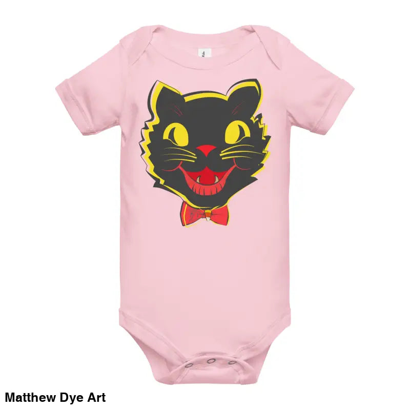 Pink baby onesie featuring a vintage black cat graphic for Halloween celebrations