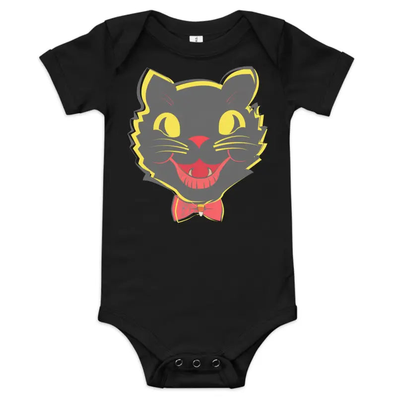 Black baby onesie featuring a vintage black cat graphic for Little Pumpkin collection
