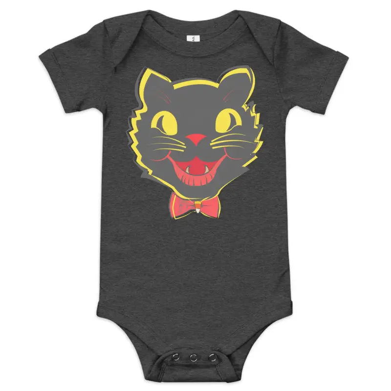 Gray baby onesie featuring a vintage black cat graphic for Halloween celebrations