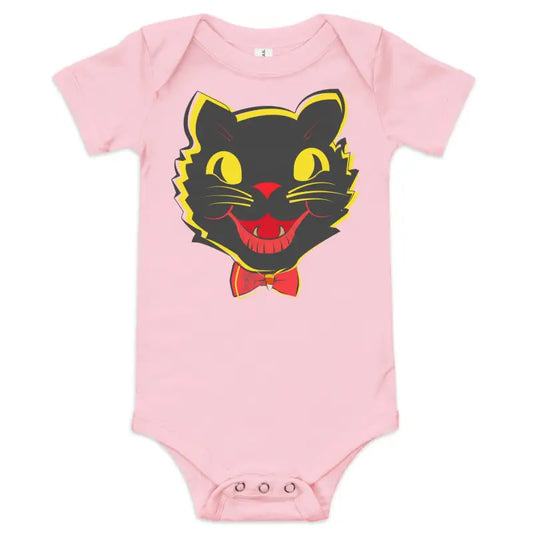 Pink baby onesie featuring vintage black cat graphic, perfect for a cat baby one-piece