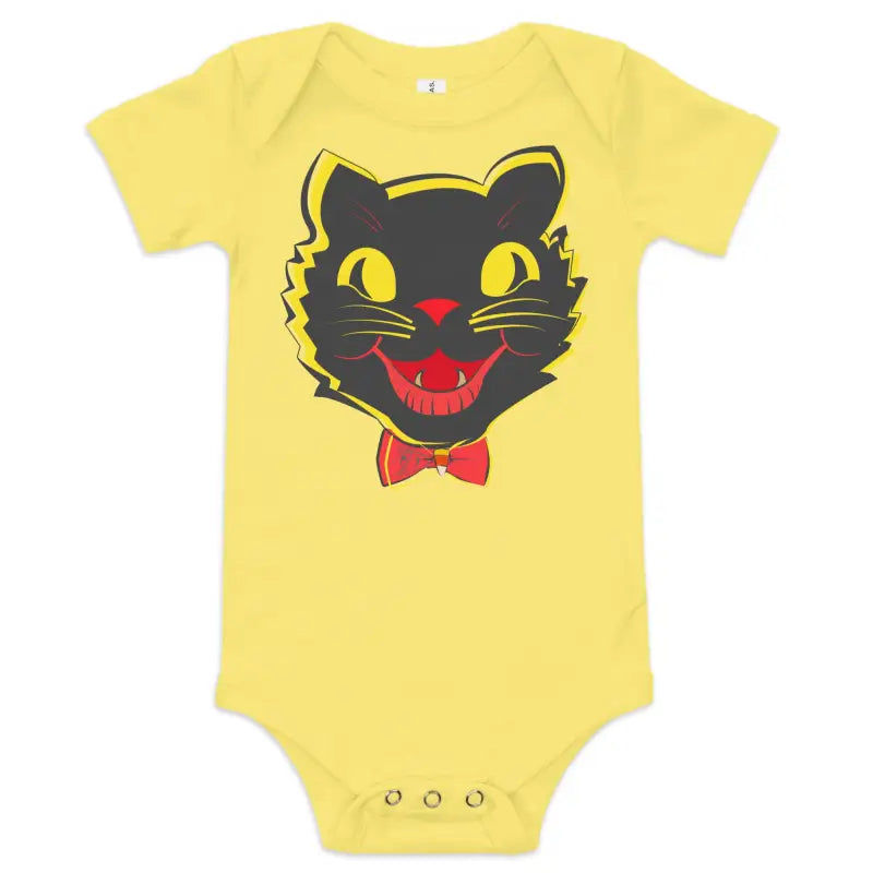 Yellow baby onesie featuring a vintage black cat graphic for Halloween celebrations