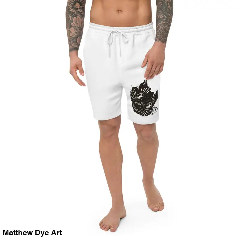 White drawstring shorts with graphic from Lounge & Lurk featuring Ah Kitty design