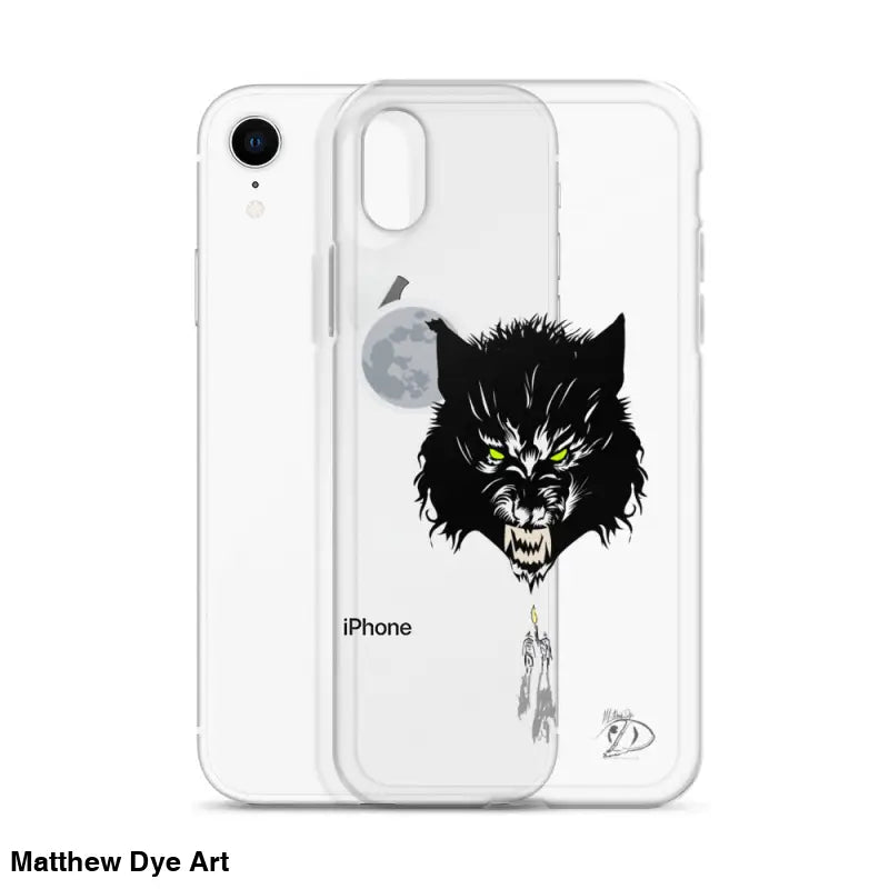 Clear iPhone case with fierce black wolf head design and moon, featuring aligned port openings