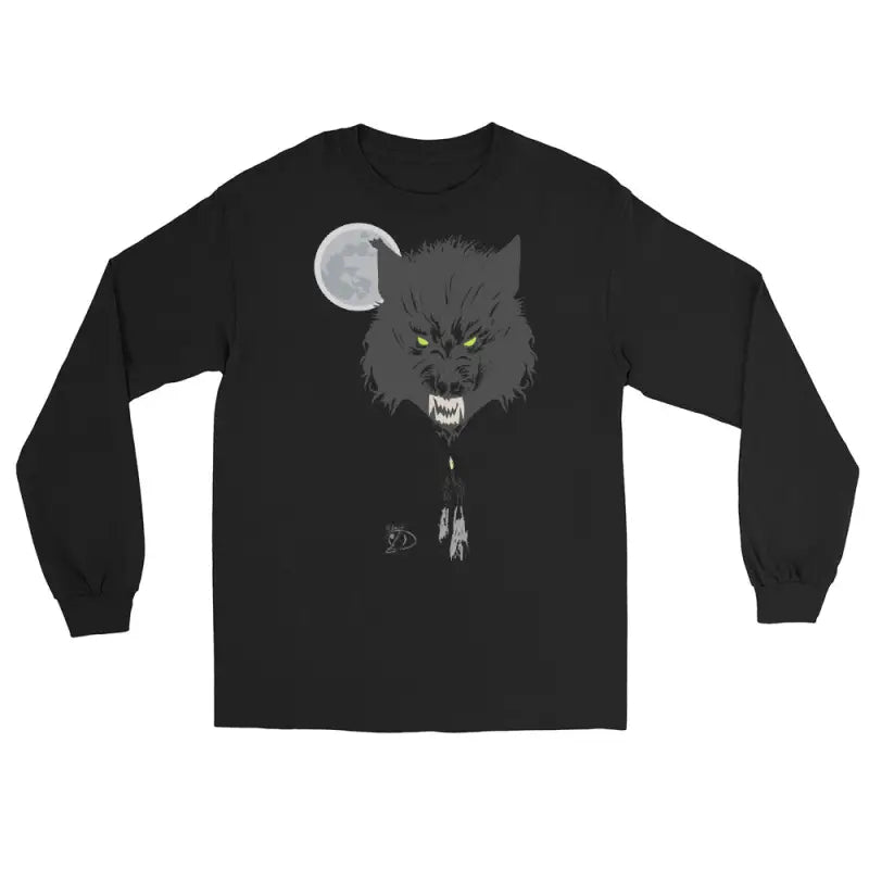 Black Lunar Menace long-sleeve shirt featuring a werewolf graphic with neon-green eyes