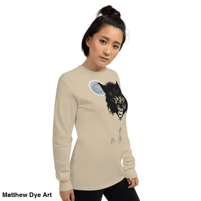 Beige Lunar Menace long-sleeve shirt featuring a werewolf graphic with neon-green eyes