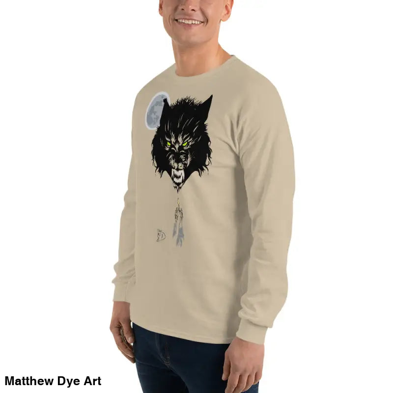 Beige long-sleeved shirt with haunting werewolf graphic and neon-green eyes, Lunar Menace Long-Sleeve