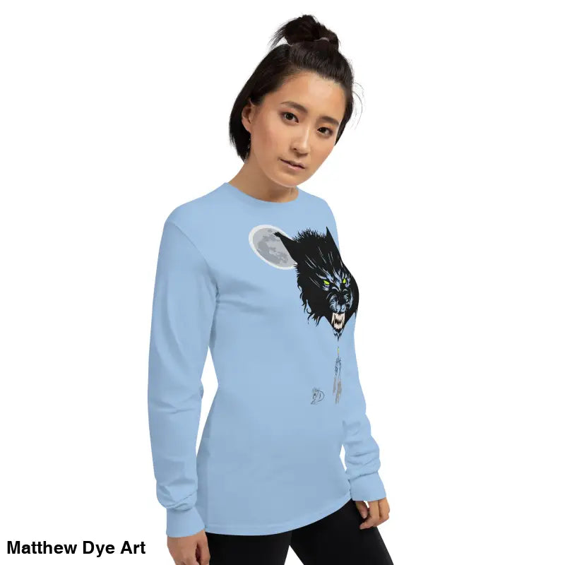 Light blue Lunar Menace long-sleeve shirt featuring a werewolf with neon-green eyes