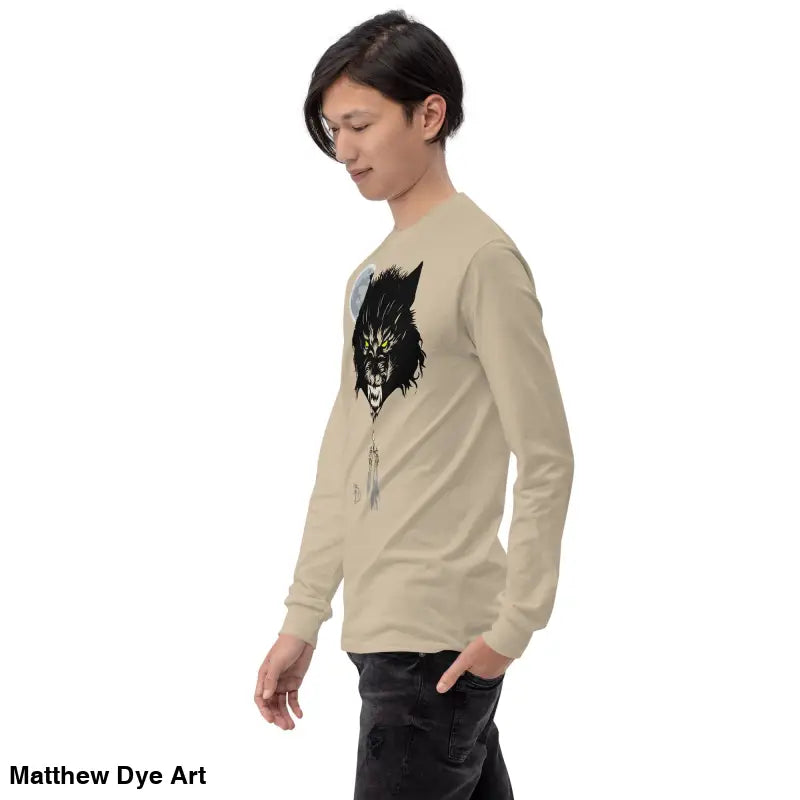 Lunar Menace long-sleeve tee featuring a werewolf with neon-green eyes, hauntingly stylish