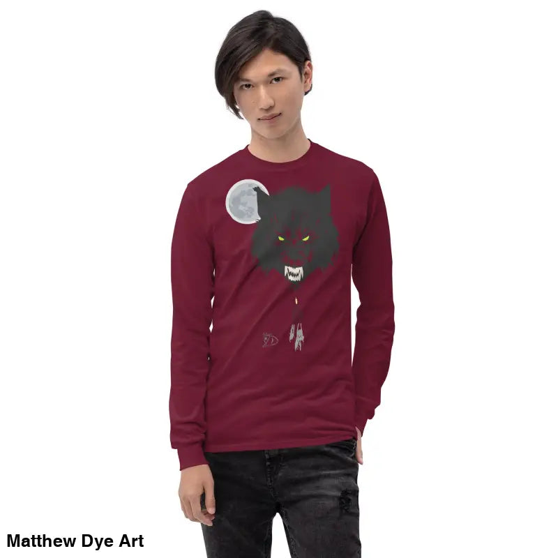 Maroon long-sleeved shirt featuring werewolf graphic with neon-green eyes, a Lunar Menace long-sleeve