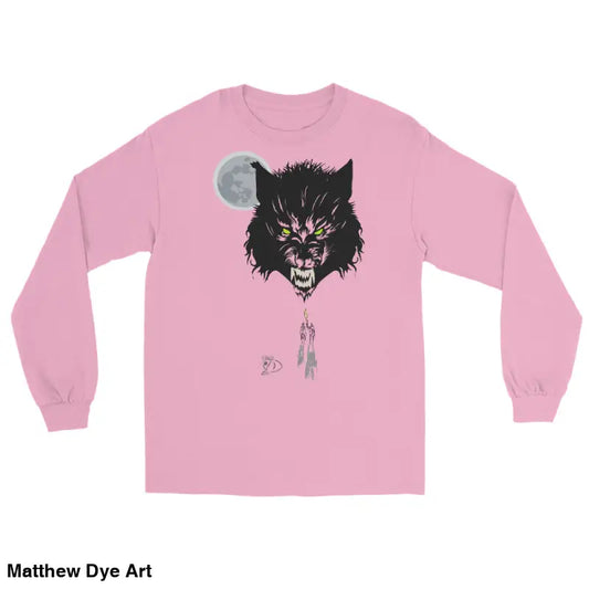 Pink Lunar Menace Long-Sleeve Tee with fierce black wolf head and neon-green eyes design