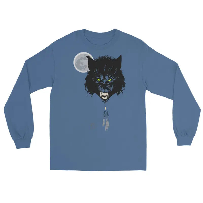 Blue long-sleeved shirt featuring lunar menace werewolf graphic with neon-green eyes