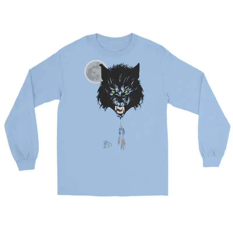Light blue Lunar Menace long-sleeve shirt featuring a werewolf design with neon-green eyes