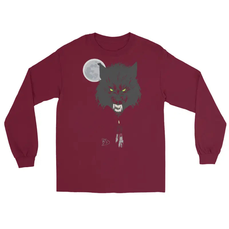 Maroon long-sleeved shirt featuring haunting werewolf graphic with neon-green eyes