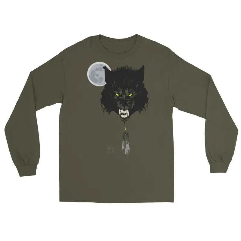 Olive green Lunar Menace long-sleeve shirt featuring a werewolf graphic with neon-green eyes