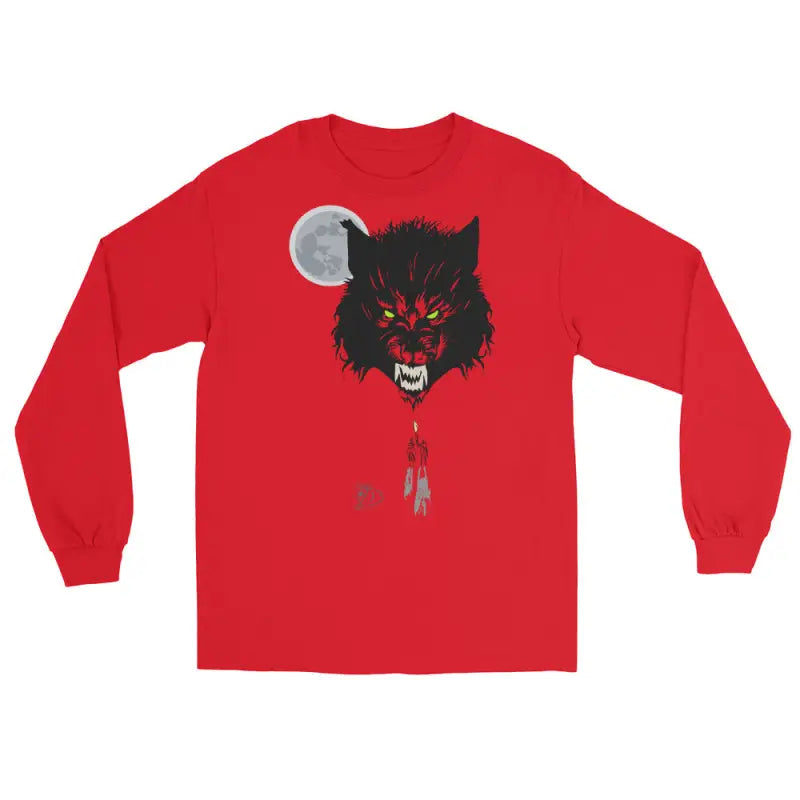 Red Lunar Menace Long-Sleeve Tee featuring a werewolf graphic with neon-green eyes