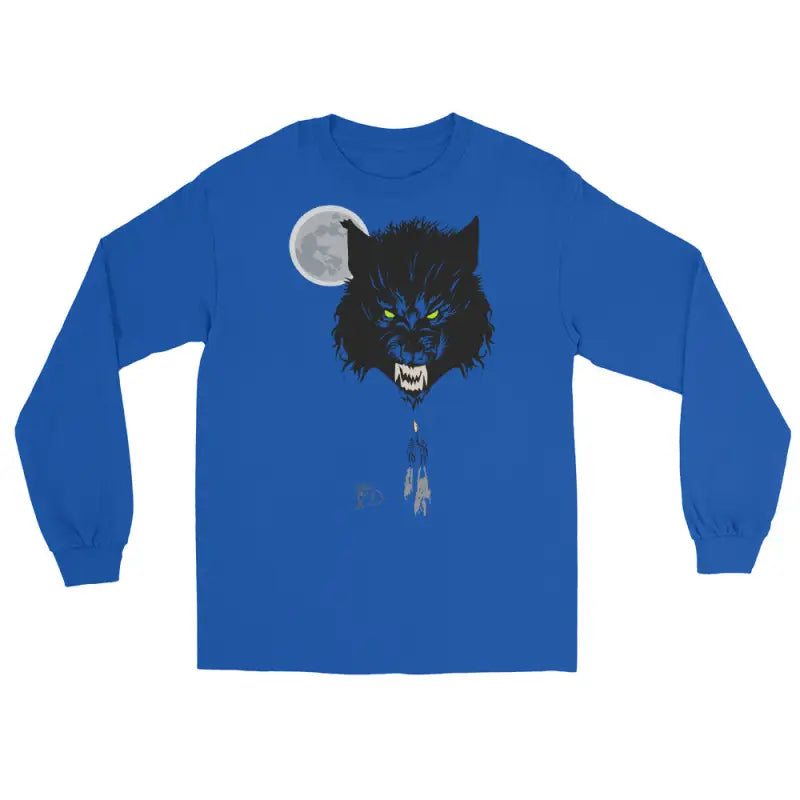 Blue long-sleeved shirt featuring a werewolf graphic with neon-green eyes, Lunar Menace Long-Sleeve