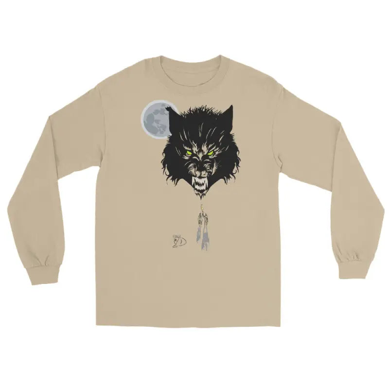 Beige Lunar Menace long-sleeve shirt featuring a werewolf graphic with neon-green eyes
