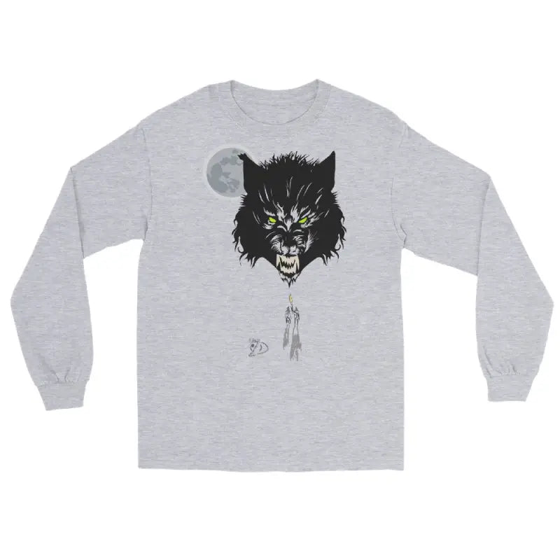 Gray long-sleeved shirt featuring a werewolf graphic with neon-green eyes, Lunar Menace Long-Sleeve