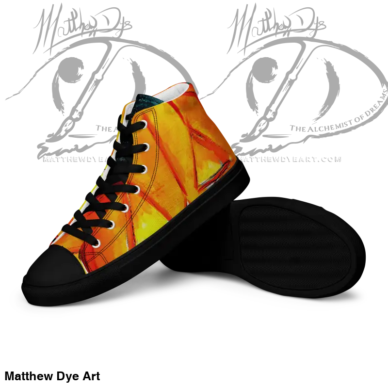 Men’s high top canvas sneakers featuring a striking jack-o’-lantern design in flames