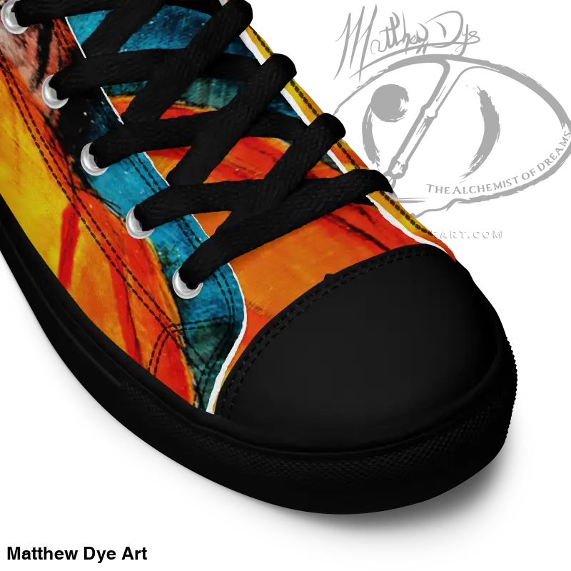Colorful men’s high top canvas sneakers with striking jack-o’-lantern design for Halloween