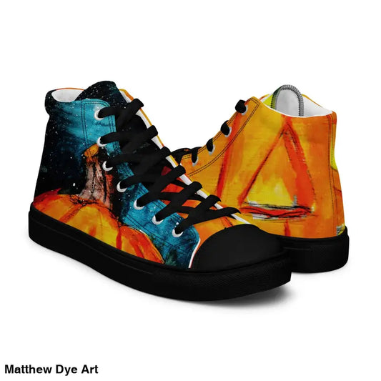 Men’s high-top canvas sneakers featuring a striking jack-o’-lantern design and vibrant colors