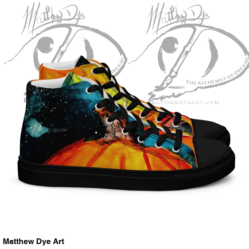 High-top sneaker with striking jack-o’-lantern design for Halloween in vibrant colors