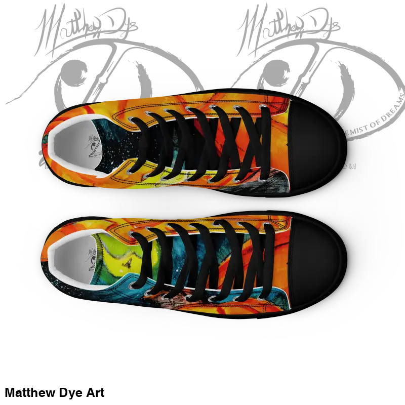 Colorful men’s high top canvas sneakers with a striking jack-o’-lantern design for Halloween