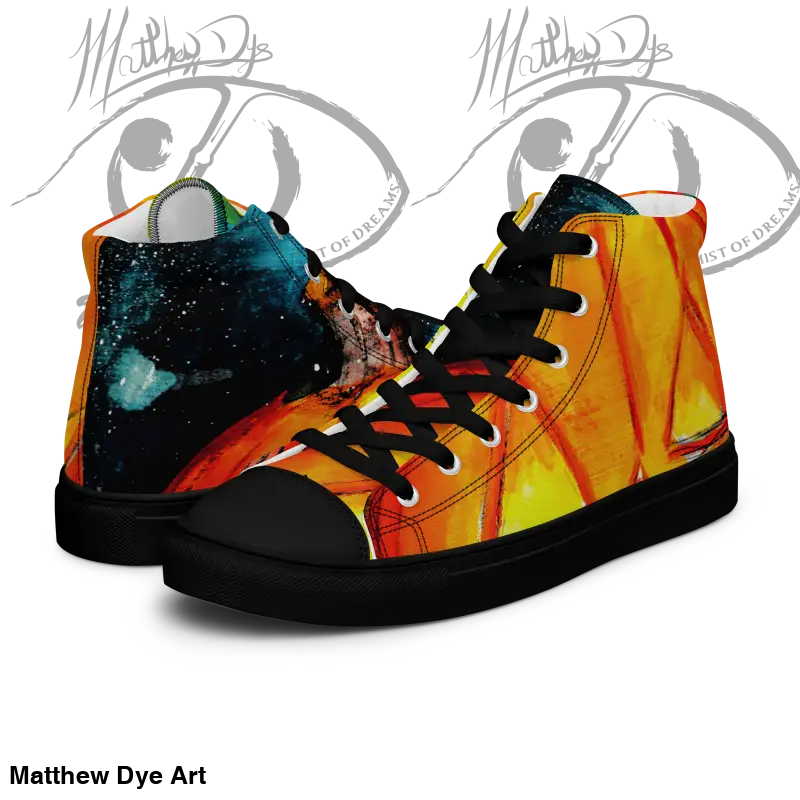 Men’s High Top Canvas Sneakers featuring a striking jack-o’-lantern design and cosmic flames