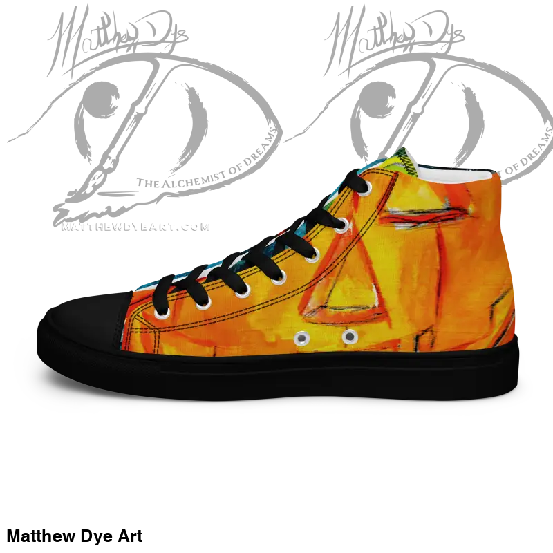 High-top canvas sneakers featuring a striking jack-o’-lantern design for Halloween