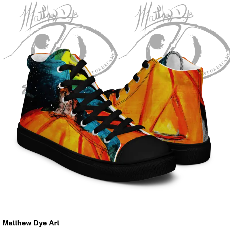 High-top canvas sneakers for men featuring a striking jack-o’-lantern design in cosmic colors