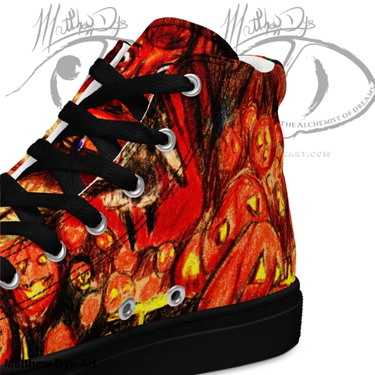High-top canvas shoes featuring a fiery red and orange design for Trick R Treat fans