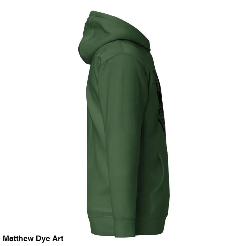 Dark green hooded sweatshirt side view featuring striking black Mjölnir & Ravens design