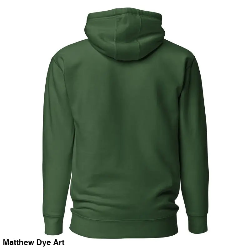 Forest green pullover hoodie showcasing striking black Mjölnir & Ravens design from the back