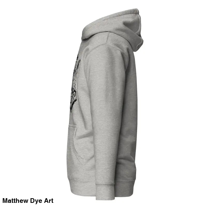 Gray hooded sweatshirt profile showcasing striking Black Mjölnir & Ravens design
